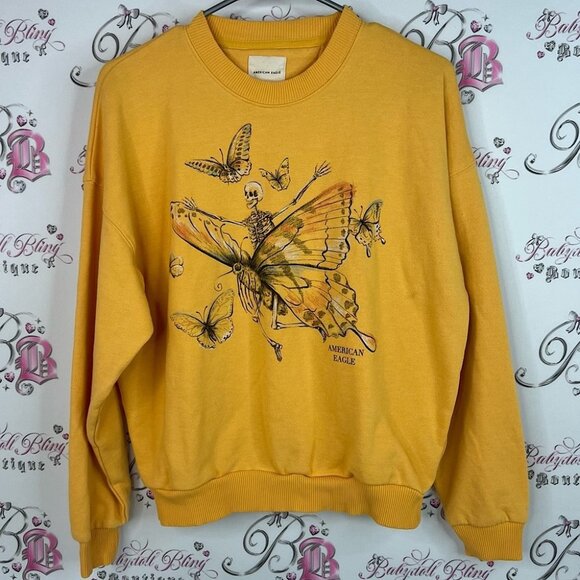 American Eagle Outfitters pull over fairy skulls dead Yellow Sweatshirt orange - Picture 1 of 8